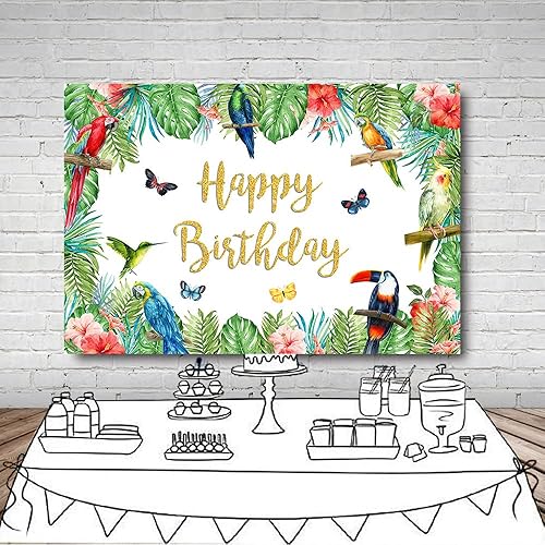 Miniatura 4 de MEHOFOND Telón de fondo de cumpleaños de pájaro tropical de 7 x 5 pies, hojas de palma de tucán de verano, purpurina dorada, pancarta de feliz
