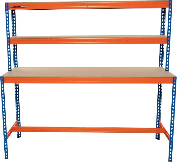 Large Garage Workbench, Heavy Duty 400kg UDL Blue/Orange Workstation with MDF Shelves (with x70 Medium Blue Bins)