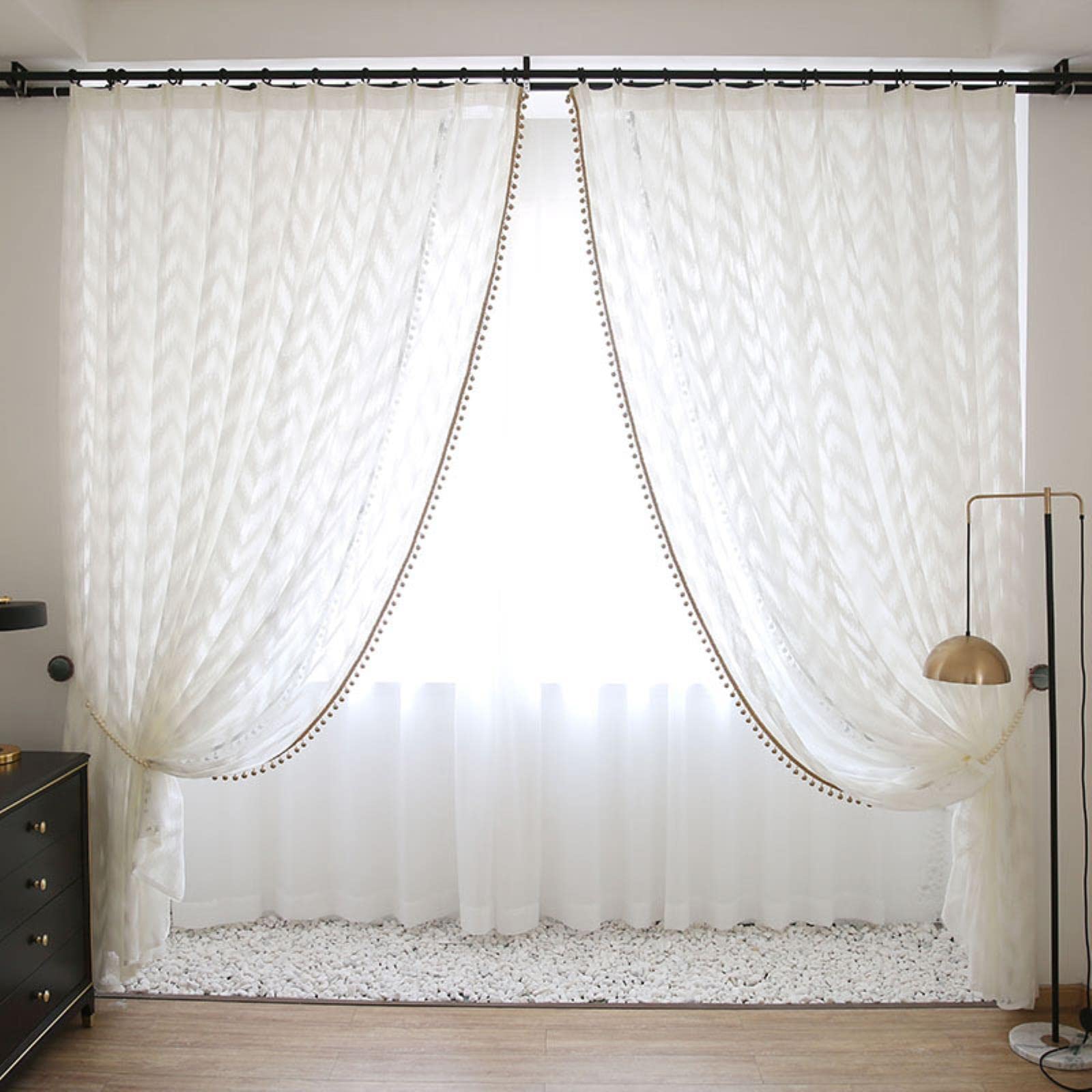 Zasłony tiulowe w paski, przezroczysty woal do salonu, sypialni, kuchni i balkonu, biała kieszeń na pręt, szer. 350 x dł. 250 cm, 2 panele