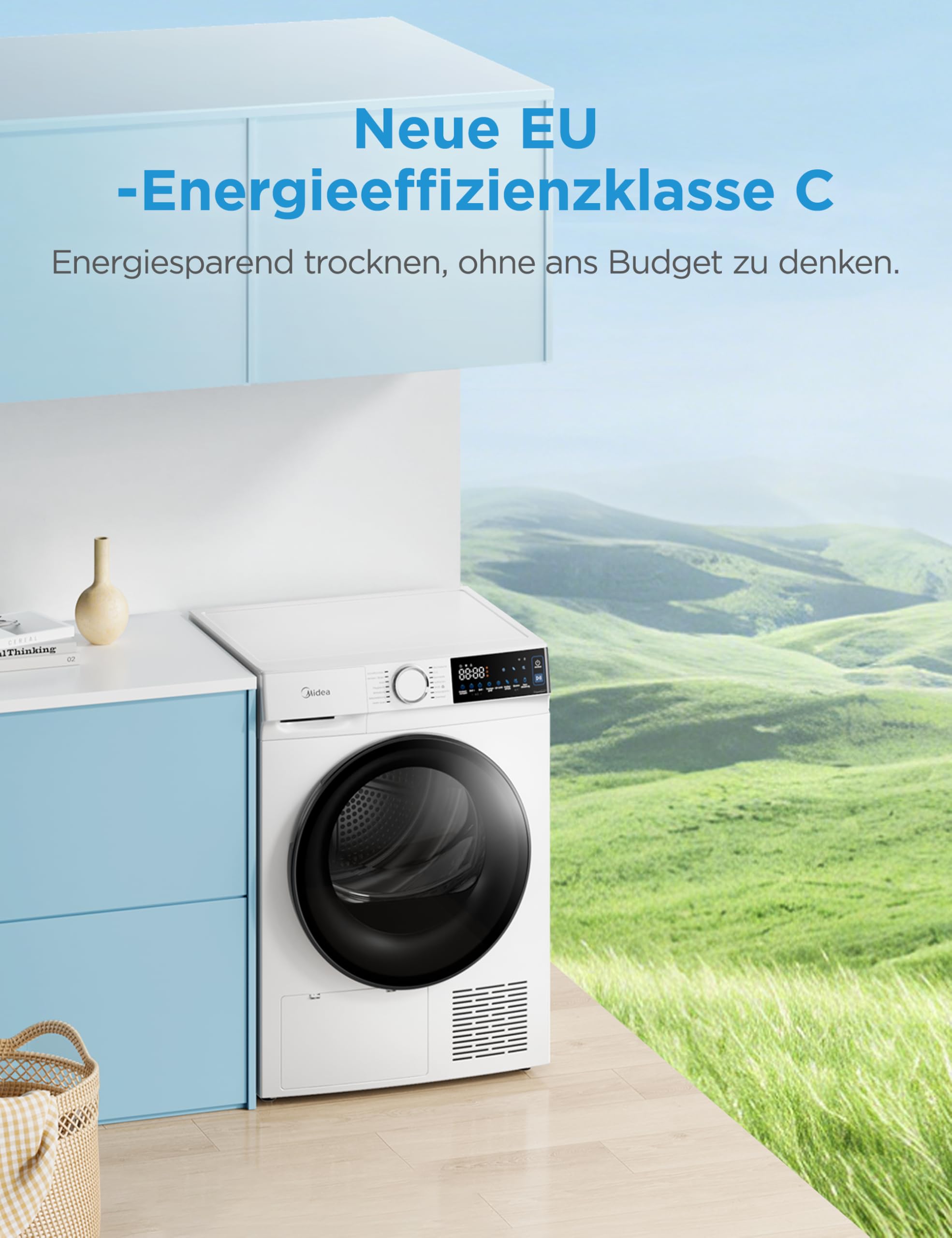Midea Serie V5 Wärmepumpentrockner, 9 kg, Energieklasse C, WLAN-Steuerung, 30 Minuten Schnelltrocknung, UV-Desinfektion mit Milbenentfernung, Knitterschutz, Inverter-Motor, Weiß, MDV5EH90WBC