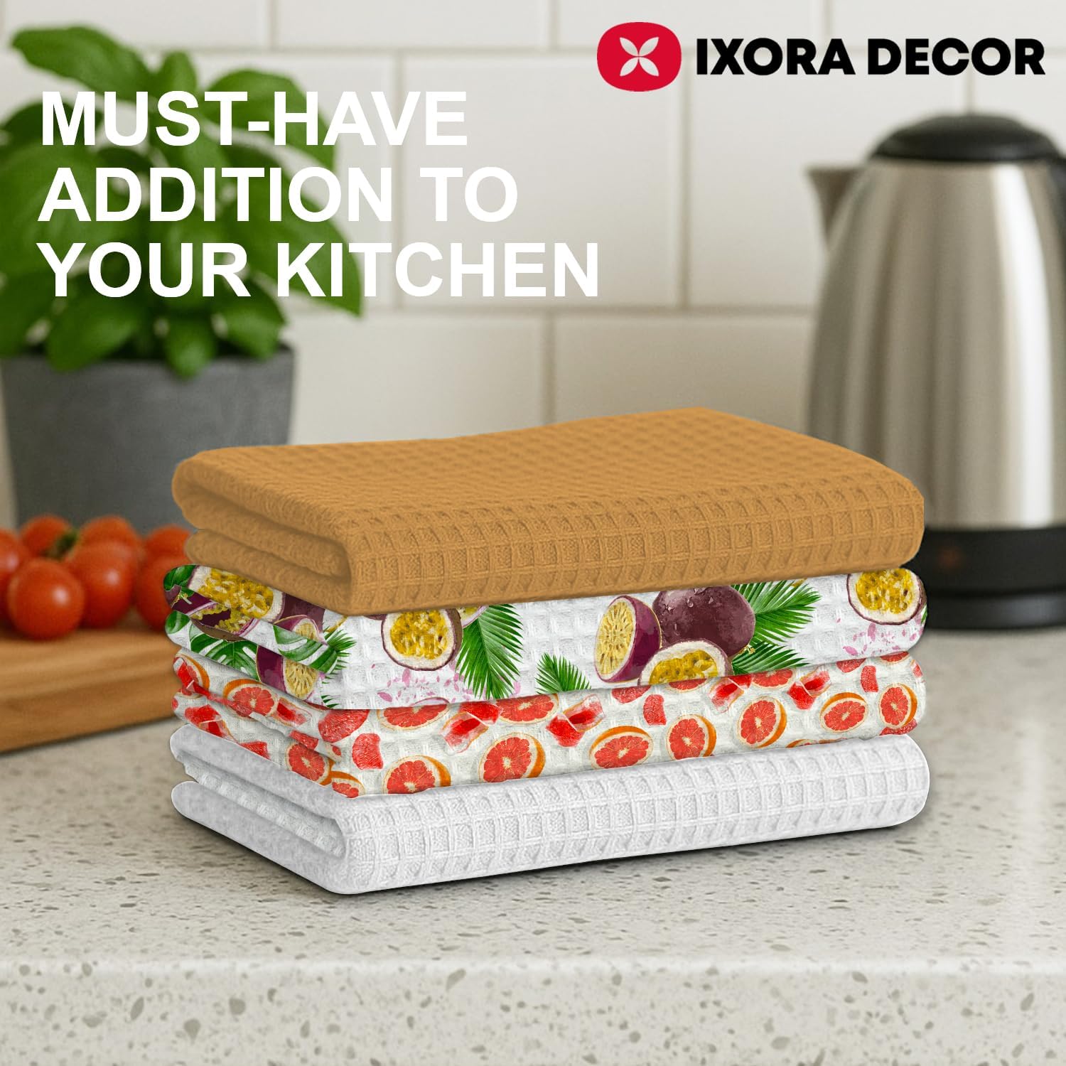 100% Cotton Kitchen Towels Set of 4 | 2 Solid Dyed Waffle Weave Dishcloths & Citrus Digital Print Kitchen & Table Linen Cloth | Super Absorbent Napkins | 50 x 70 Inches - Bright