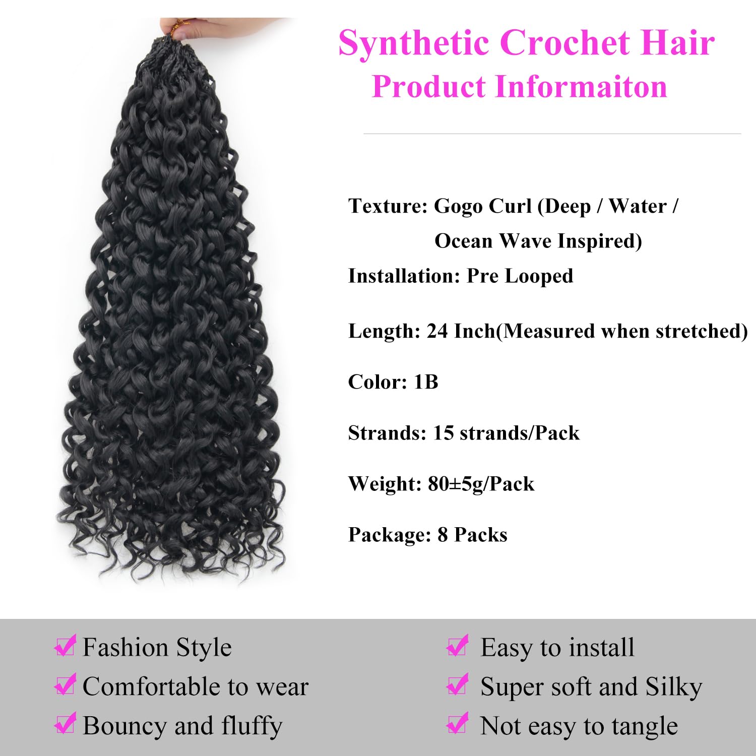 24 Inch Pre Looped Crochet Hair for Black Women–Gogo Curl Curly Crochet Hair with Deep/Water/Ocean Wave Texture, Lightweight Synthetic Hair, Easy Install, Natural Look (8 Packs, 1B)