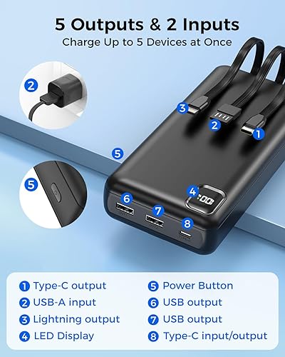 Miniatura 5 de Cargador portátil Power Bank 50000mAh Cargador de teléfono portátil, PD 22.5 W carga rápida Powerbank cable integrado, 5 salidas 3 entradas USB C