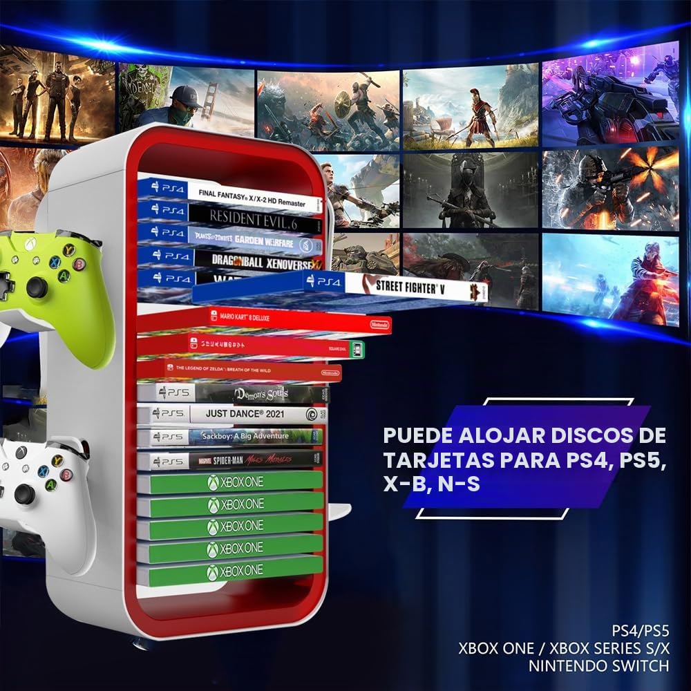 Torre de Almacenamiento de Juegos para PS5/ Xbox Series S & X/Switch, Organizadores Universales de Discos de Videojuegos, Almacena 18 Juegos, con 4 Soportes de Controlador (Rojo)