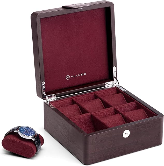 Vlando Watch Storage Box, Leather Wooden Travel Watch Display Case Holder Organizer Box with 6 Removable Watch Pillow for Jewellry, Watch, Accessories- Gift for Man, Women, Husband