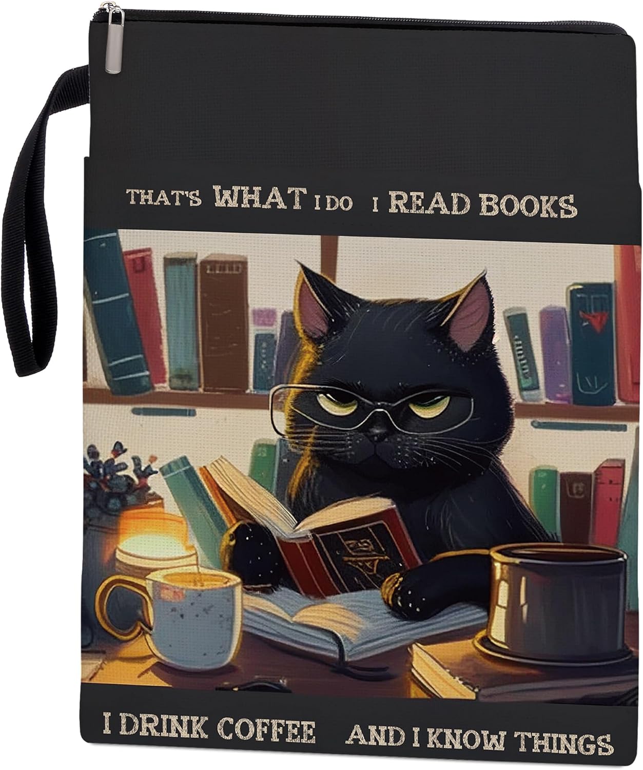 Book Covers for Paperbacks, Book Sleeve with Zipper, Book Lover Gifts,Washable Book Pouch with Pocket for Teen Adult,11 x 8.5 Inch – Black Cat Pet Lover Gift- I Reading Book I Drink Coffee.