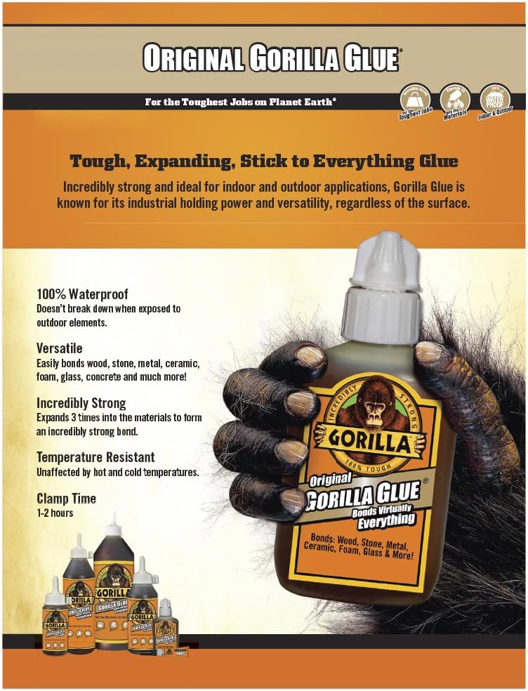 Gorilla Original Waterproof Polyurethane Glue, 4 ounce Bottle, Brown, (Pack of 12)