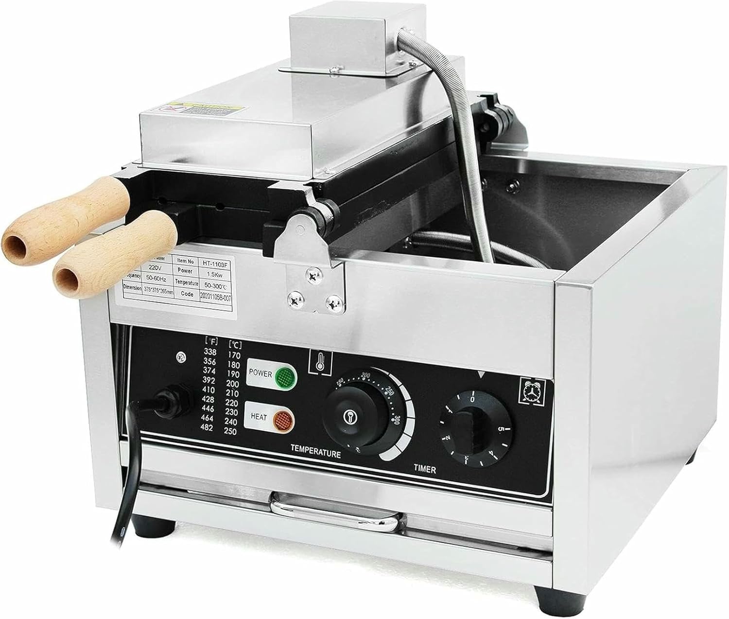 Commercial Electric Bubble Waffle Maker, 1500W Non-Stick Waffle Ball Shape Iron Skewer Machine, Double-heating Waffle Egg Cake Machine with Time & Temp Control, for Home Kitchen Snack