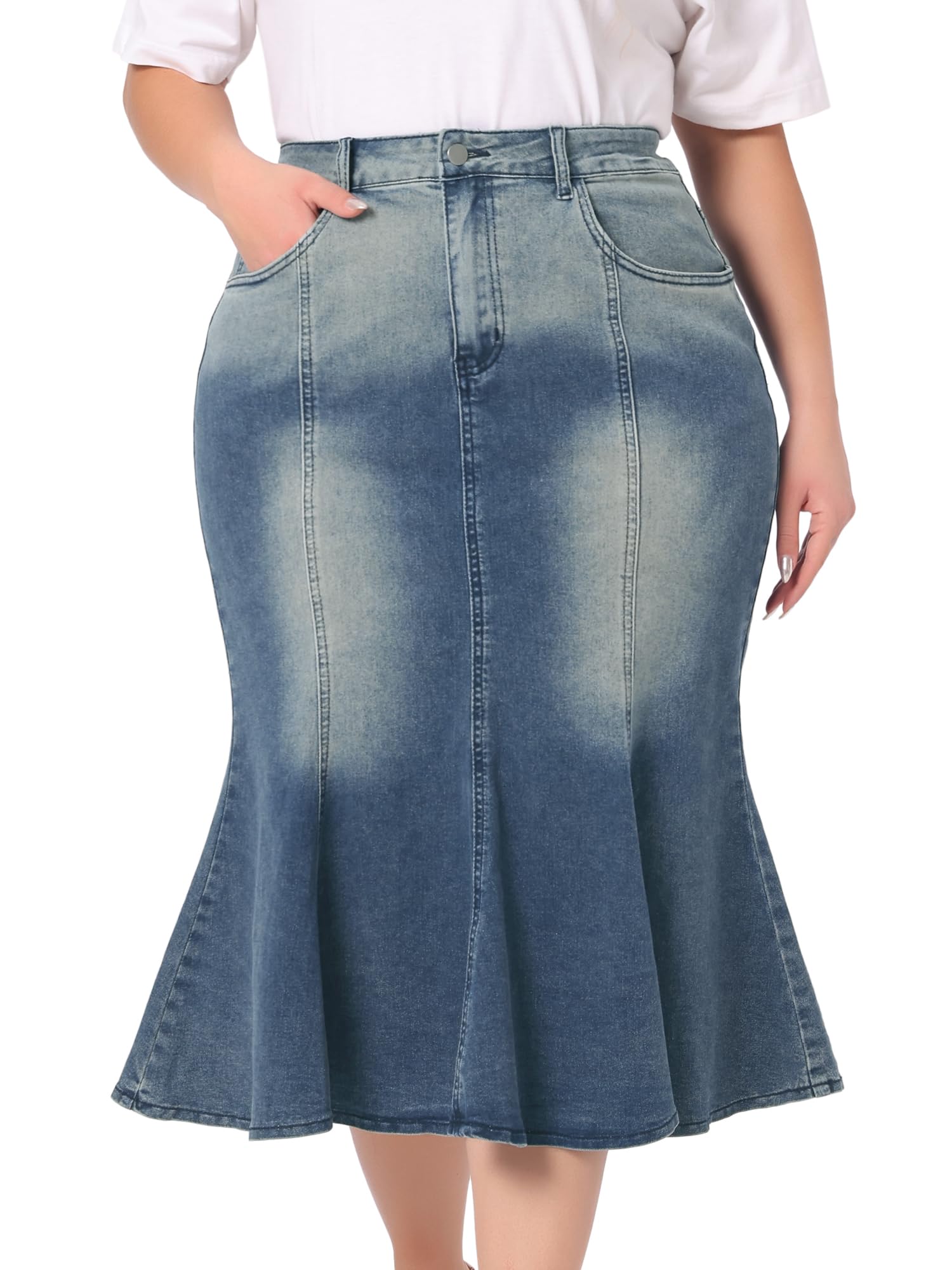 Agnes OrindaPlus Size Denim Skirts Fishtail Bodycon Elegant High Waist Mermaid Denim Midi Jean Skirt