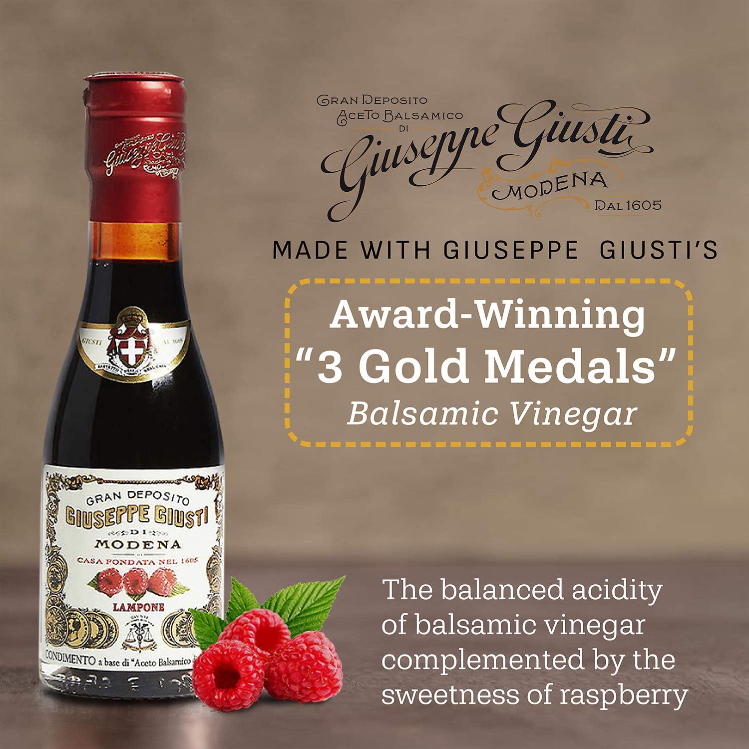Giusti Raspberry Balsamic Vinegar-Based Condiment from Modena Italy – Made With Premium Italian Aceto Balsamico with Natural Raspberry Infusion for Salads & Drizzling – 3.38 fl oz (100 ml) - Pack of 1