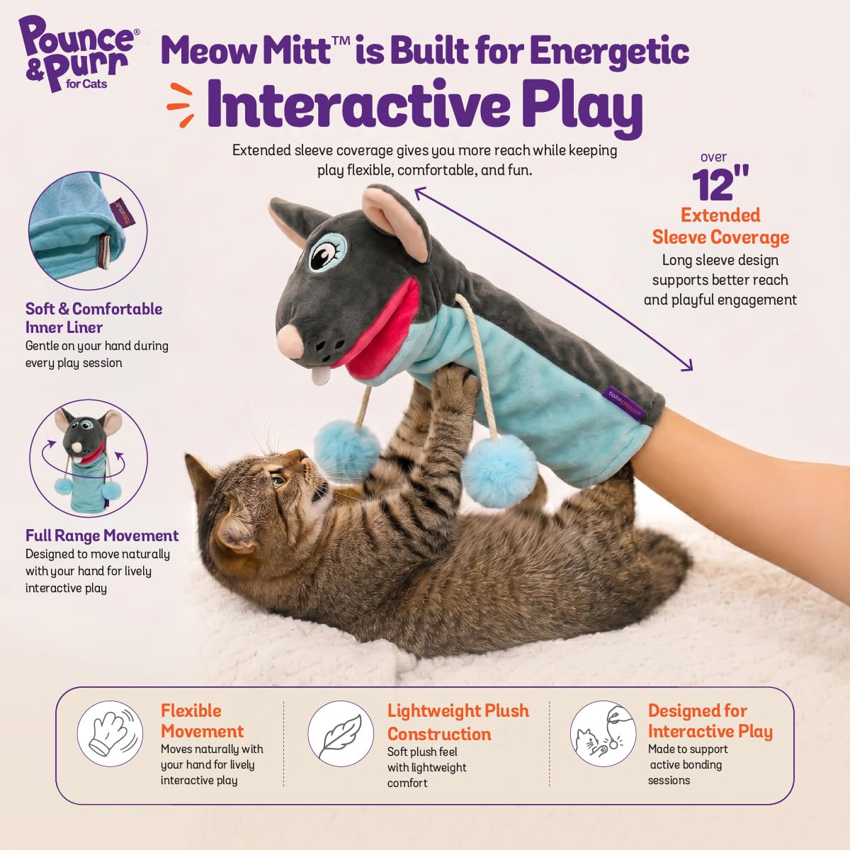 Pounce & Purr Meow Mitt - Juguete portátil para gatos – Manopla de peluche de ratón "Pip S. Queek" con hierba gatera y vid plateada, sonidos arrugados, brazos colgantes y protección de 2 capas para