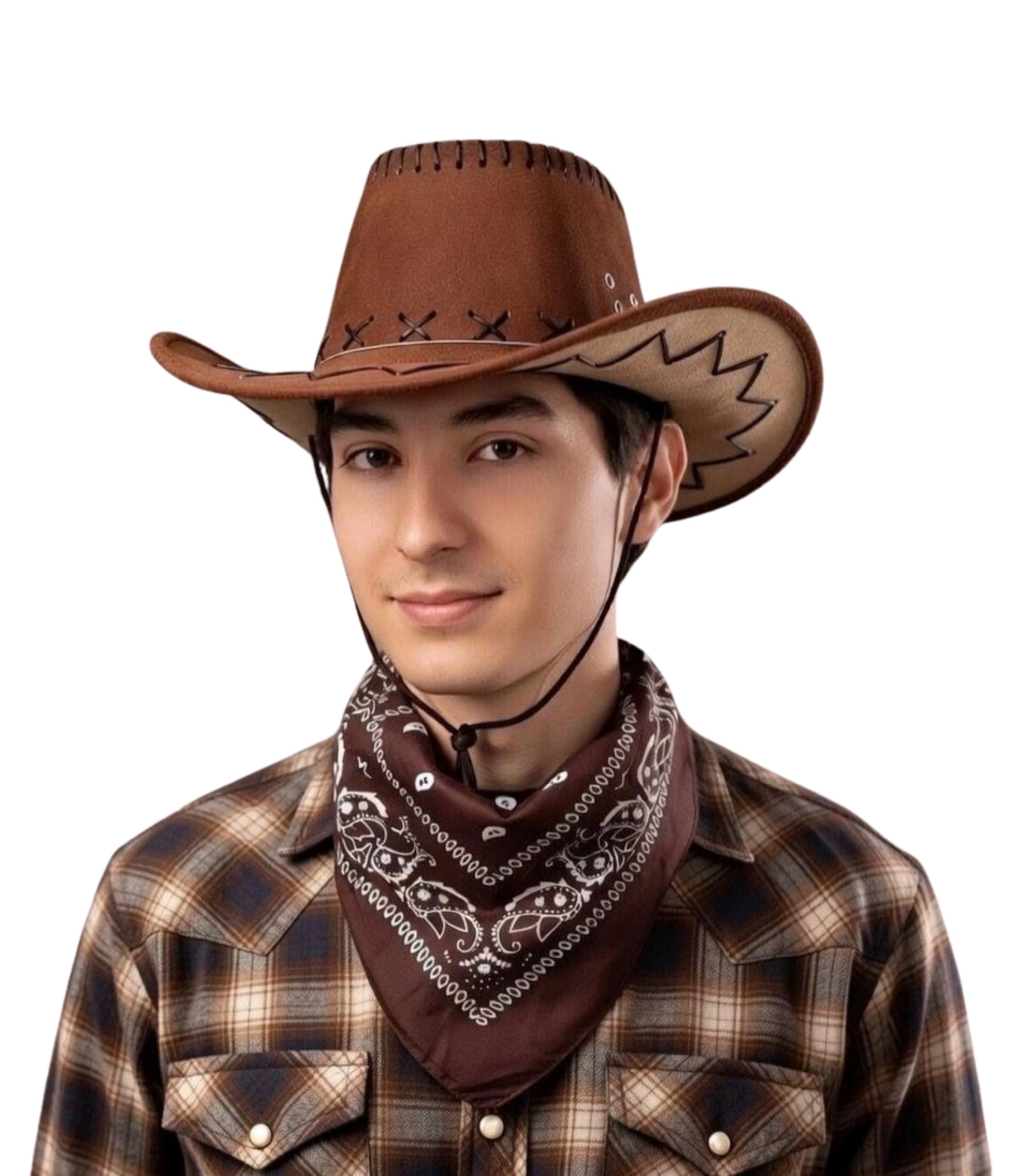 SoWest Western Cowboy Hat & Bandana Set – Classic Leather Look Halloween Headwear Costume Accessory | Unisex Cowboys & Cowgirl Fancy Dress Cosplay Party Hats for Adults Men & Women - Brown