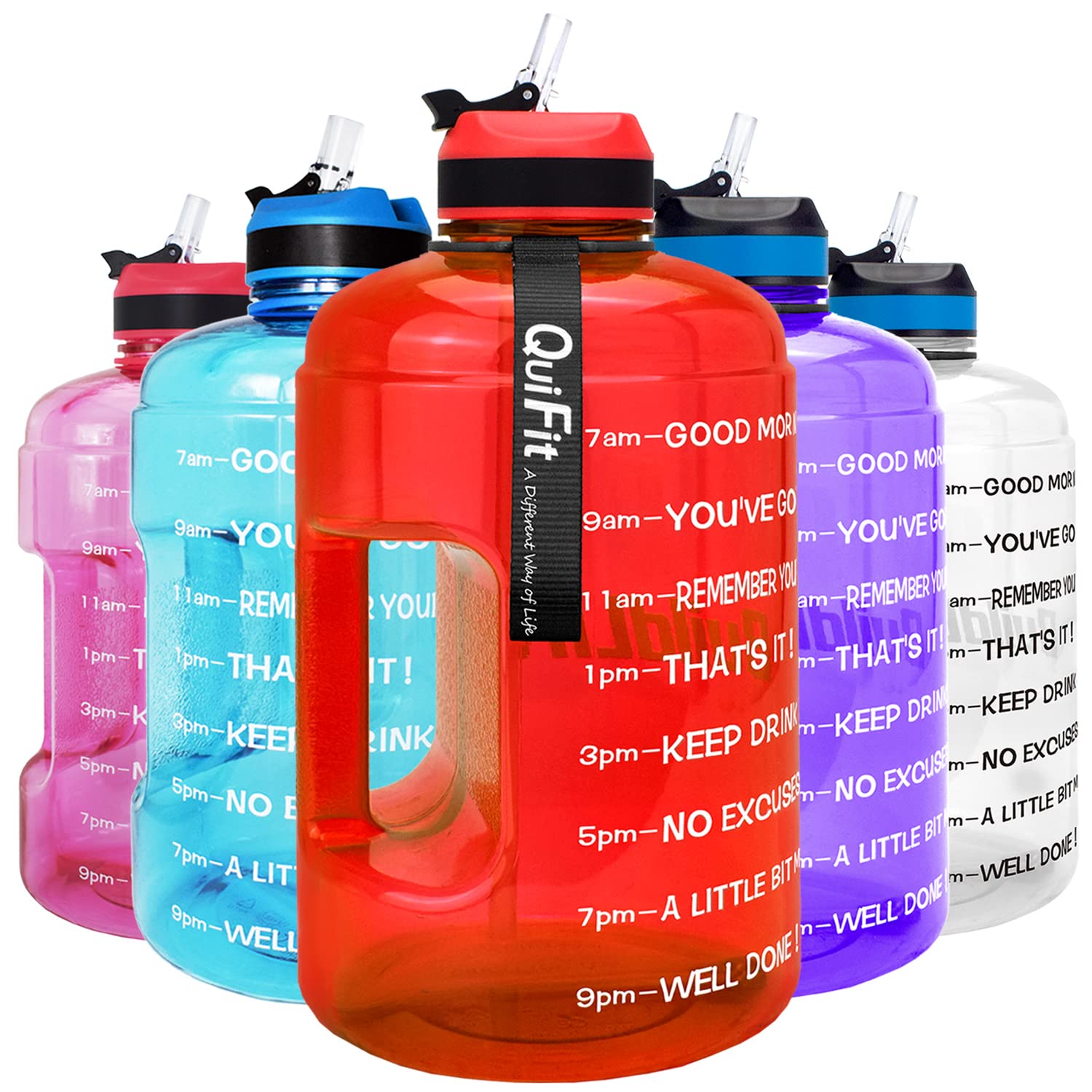 QuiFit Motivational Gallon Water Bottle - with Straw & Time Marker BPA Free Large Reusable Sport Water Jug with Handle for Fitness Outdoor Enthusiasts