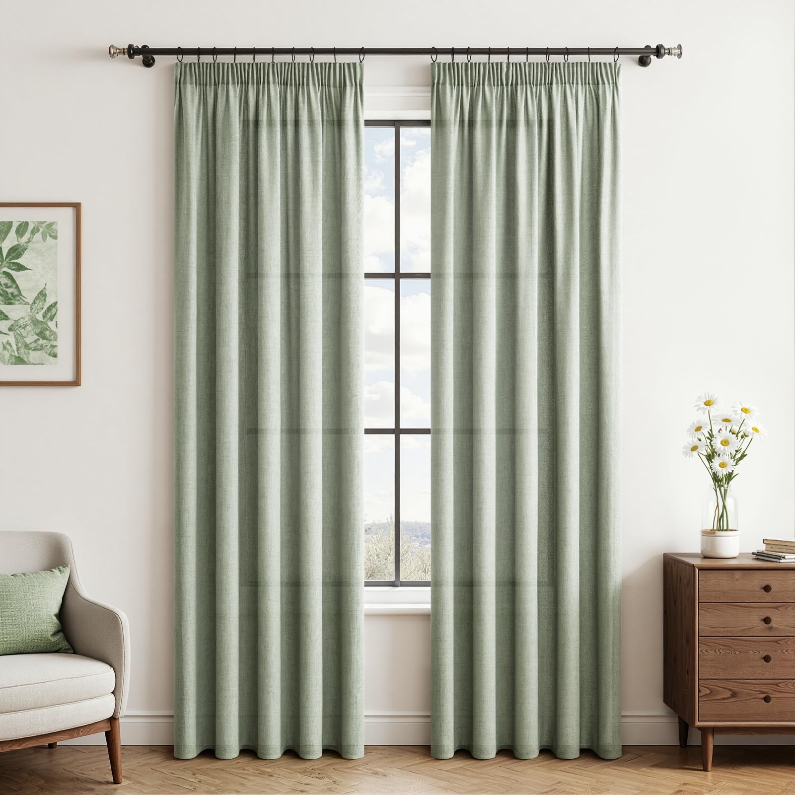 CUTEWIND Vorhänge grün Leinen Vorhang Schienensystem Gardinen 225 x 140 cm (HxB), Vorhang Leinenoptik Vorhänge Halbtransparent für Wohnzimmer Schlafzimmer Kinderzimmer Salbeigrün Fenster 2er Set