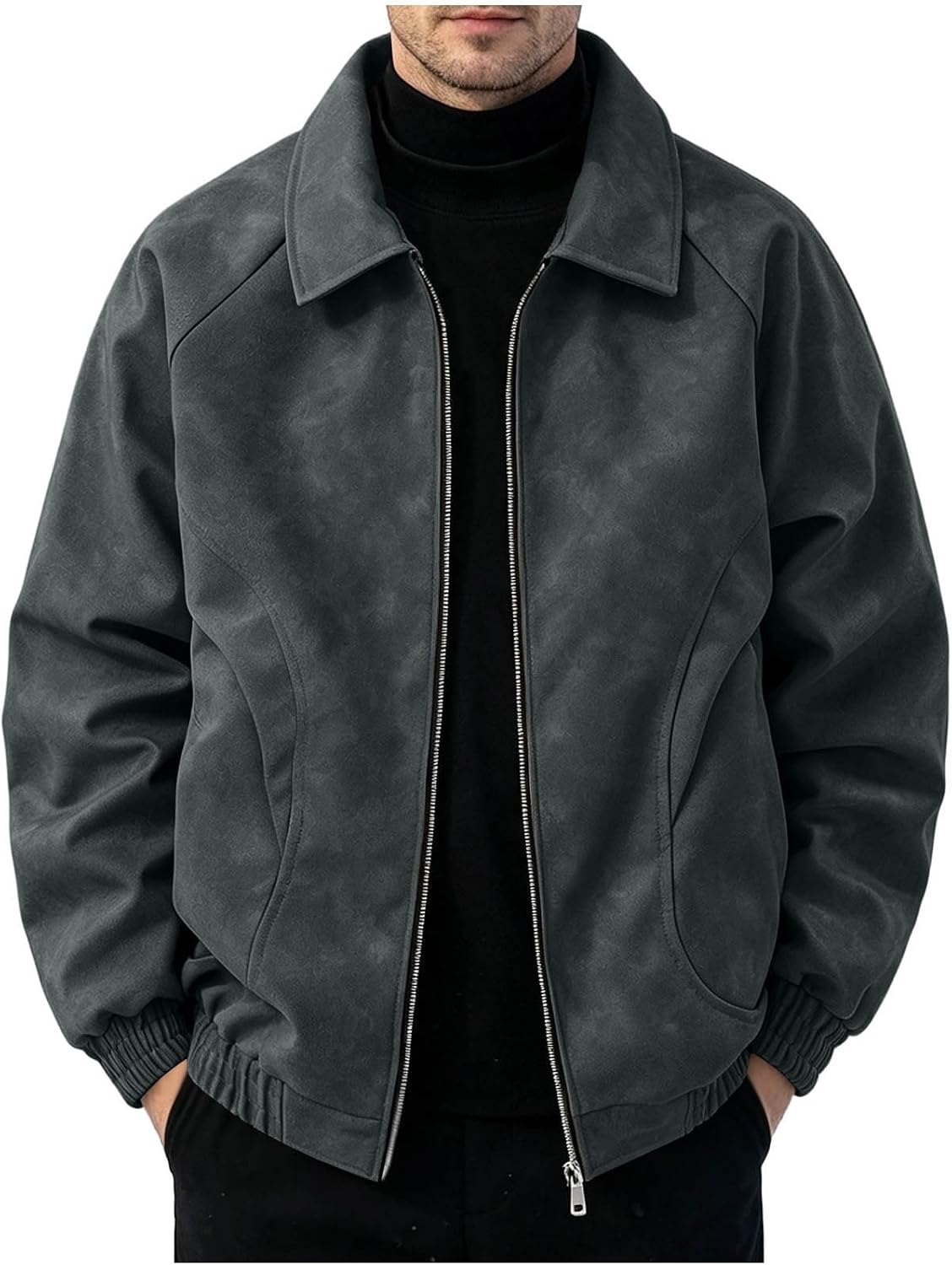 Mens Jacket Full Zip Turndown Collar Bomber Jacket Casual Loose Coat