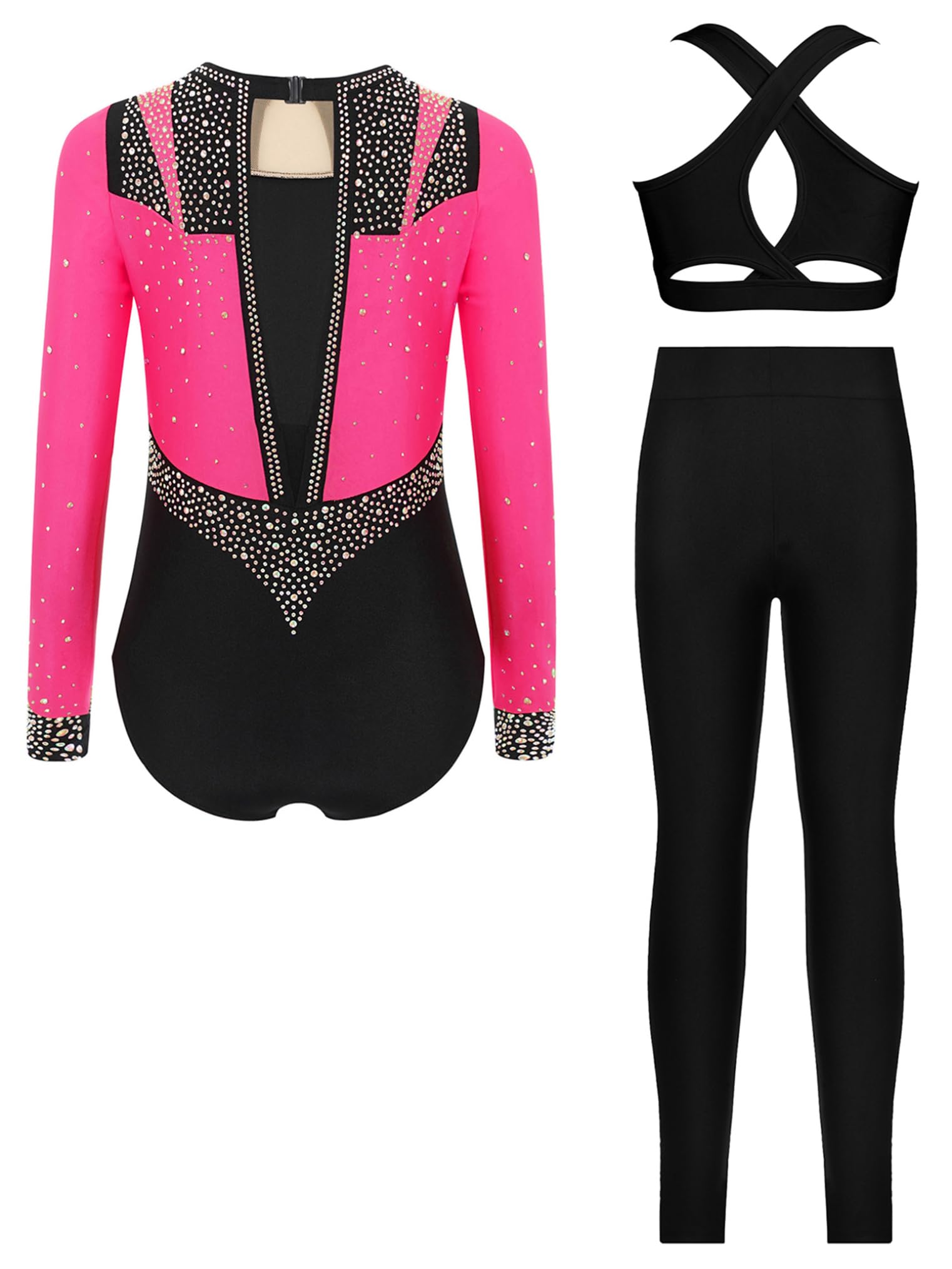 Choomomo Completo da Ginnastica Bambina Body e Pantaloncini con Canottiera Top Completo Pattinaggio Artistico Set 3 Pezzi 5-16 Anni