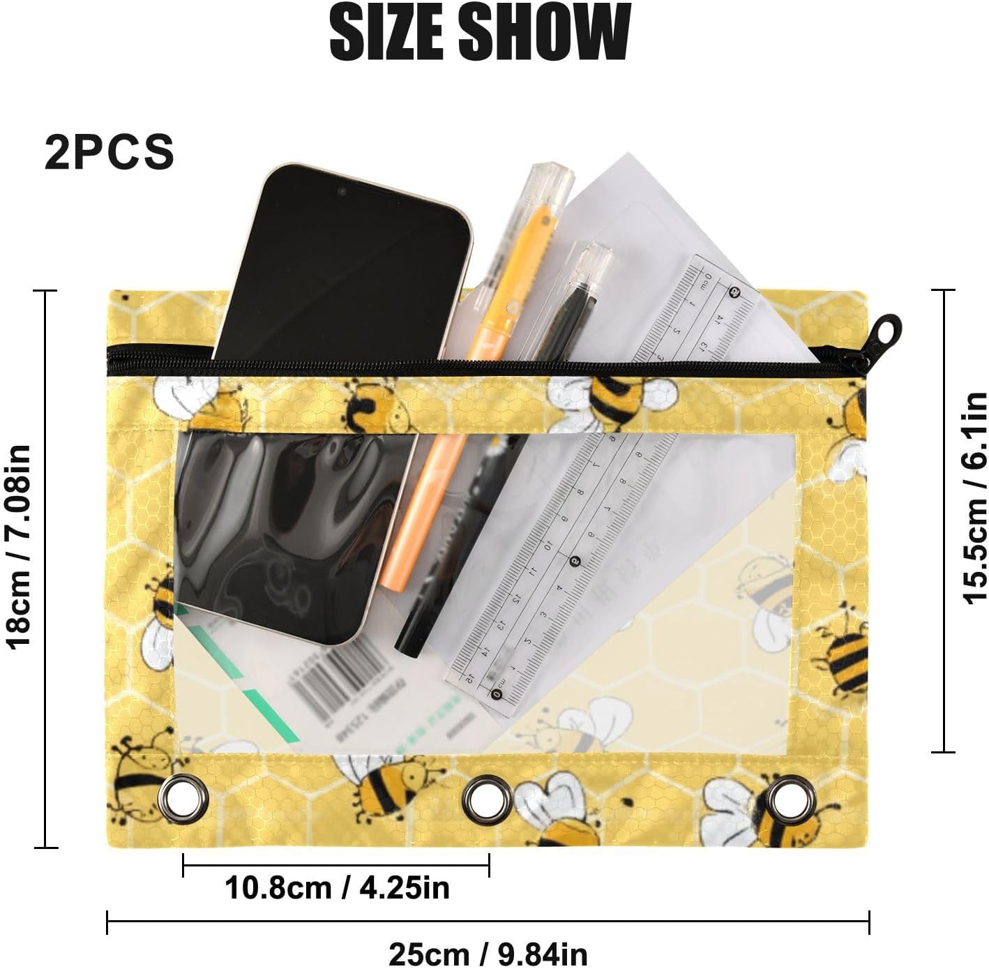 Kcldeci Pencil Pouch for 3 Ring Binder, Bees on The Honey Honeycombs 2 Pack Binder Pencil Pouch with Clear Window Pencil Bags with Zipper Pencil Case for Binder image 3