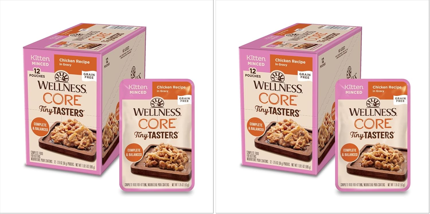 Wellness CORE Tiny Tasters Minced Kitten Wet Cat Food,Natural,Protein-Rich,Grain Free,1.75-Ounce Pouch,(Chicken),(Pack of 24)