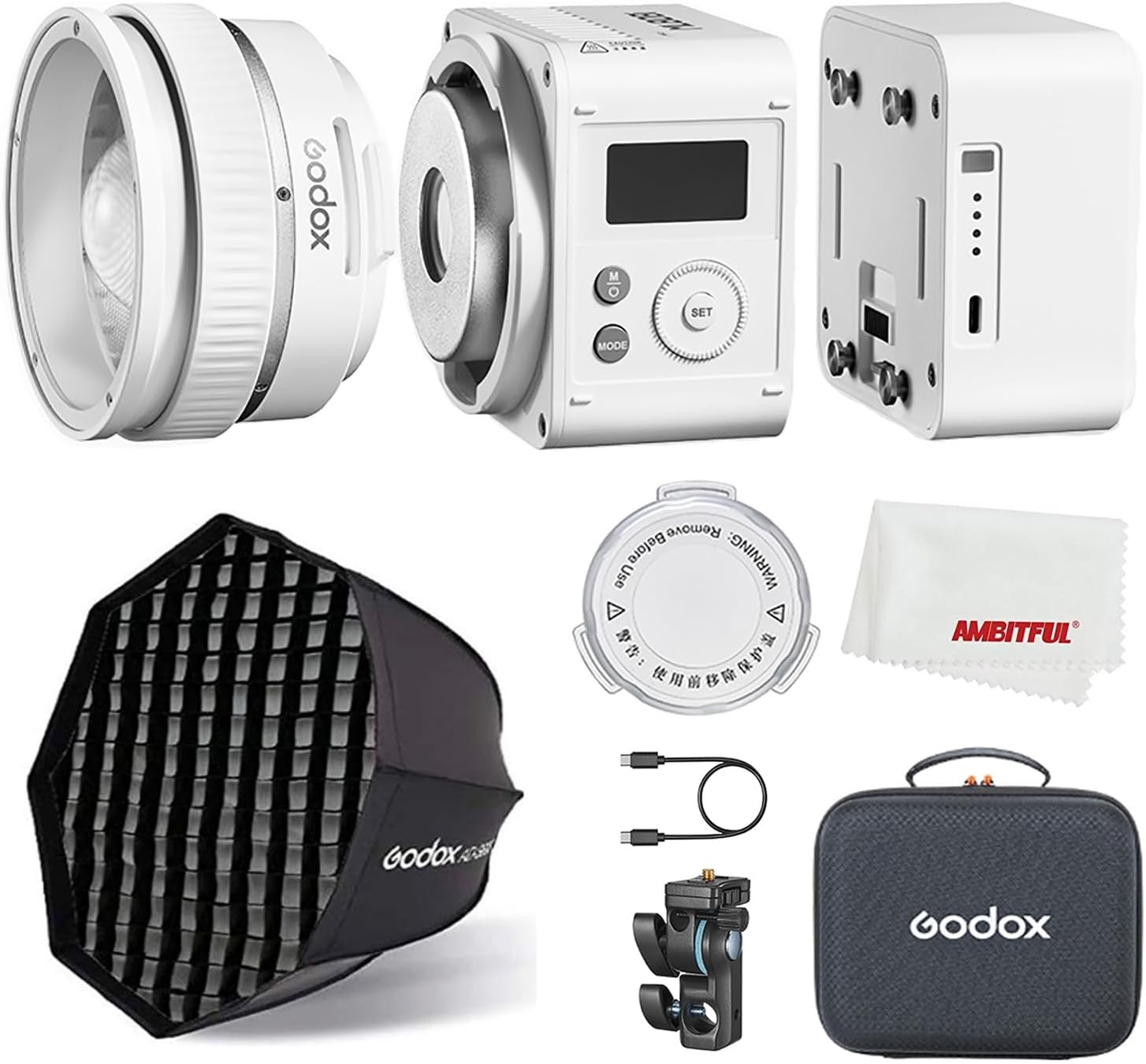 Godox ML80BI 100W LED Video Light,2800K-6500K Bi-Color Video Lighting Kit,29600 Lux CRI 96+/TLCI96+,Chargingy,with ML-Z Zoom Lens Reflector and ML-BA 6600mAh Batter,with AD-S60S Softbox Kit