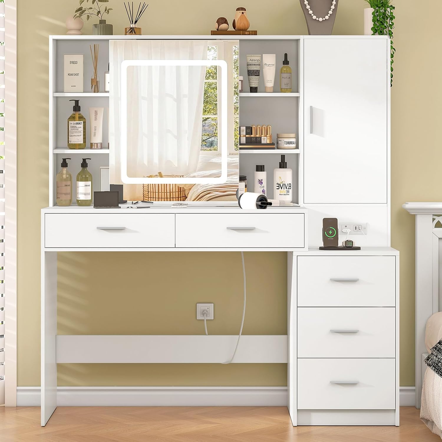 Quimoo 47" Vanity Desk with Sliding Lighted Mirror and