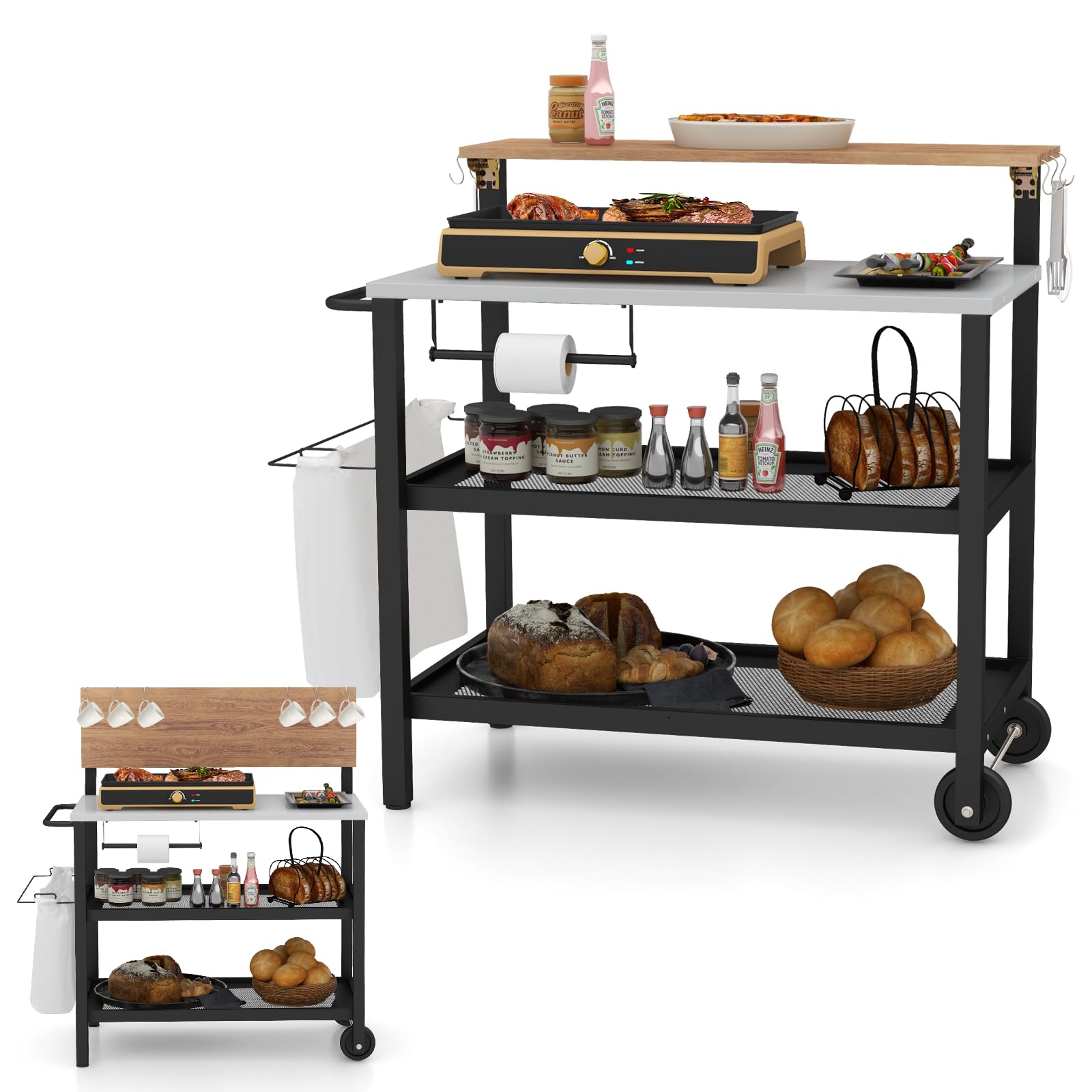 GYMAX Carrello Bar con Piano Ribaltabile, Supporto per Forno a 3 Ripiani con Ruote, Scaffali e Ganci, Carrello per Griglia con Porta Carta Asciugamani/Sacchetti, Carrello da Servizio da Esterno