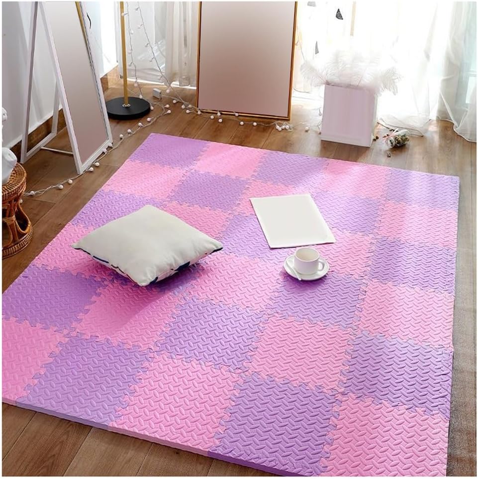 32Pcs 1In Thick EVA Foam Puzzle Mats – Non-Slip Interlocking Floor Tiles, 12X12 in Gym Exercise & Playroom Mat, Soft Removable Borders, Pink & Purple