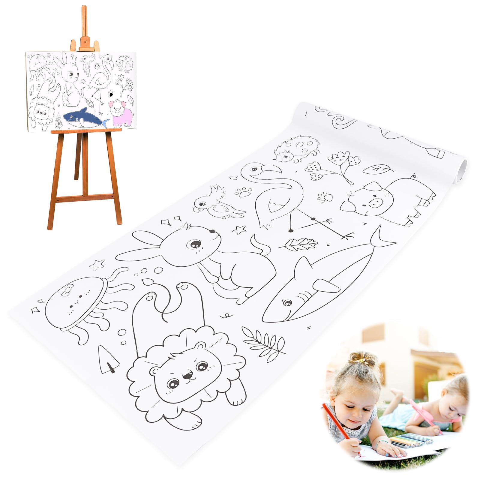 UKOFEW Rollo de Dibujo para Niños,30 * 300CM Rollo de Papel para Colorear para Niños,Rollo de Papel para Pintar(Mundo Animal)