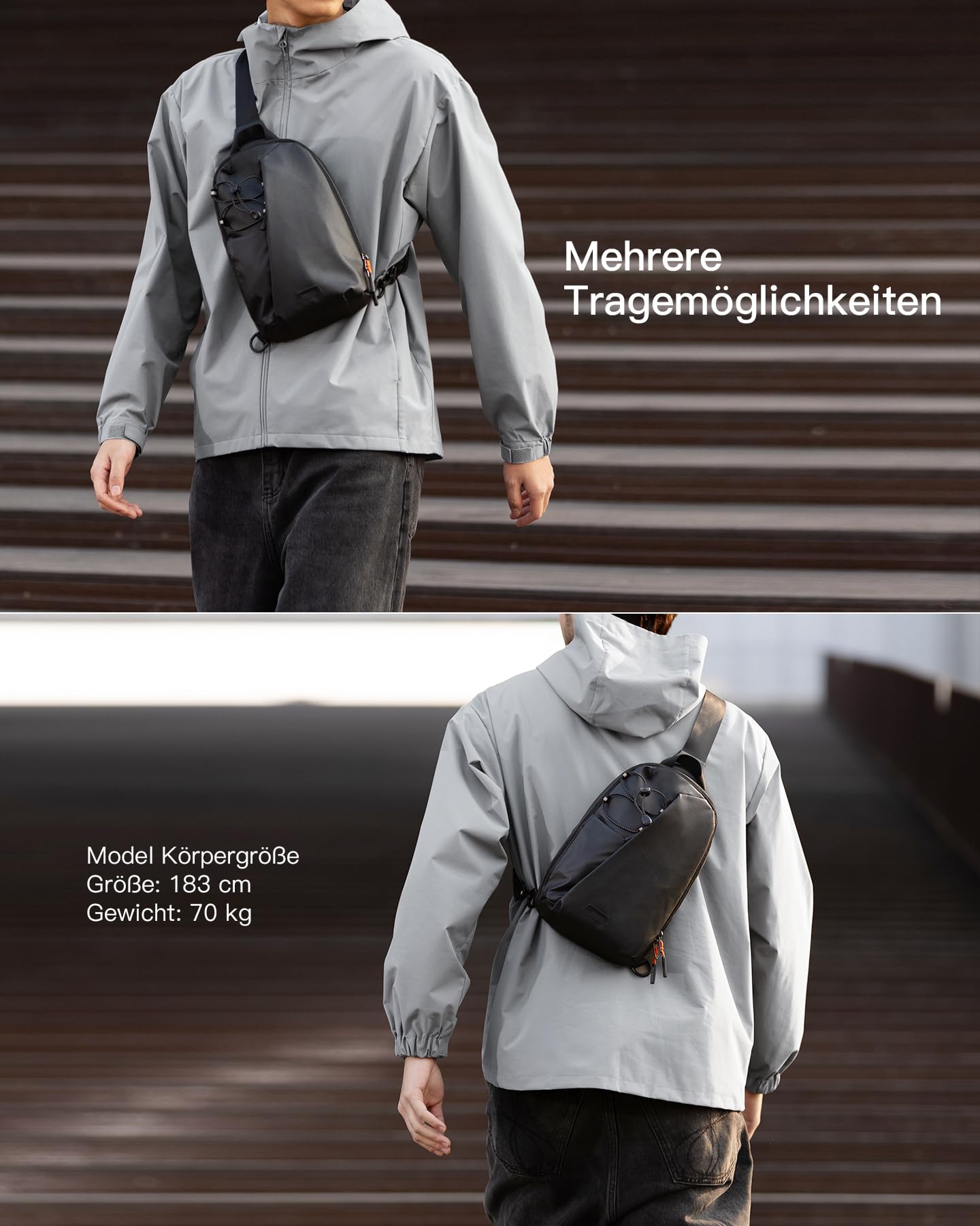 Inateck Sling Bag X-Row, Leichte Herren Umhängetasche Spritzwassergeschützte Brusttasche Crossbody Bag für Wandern, Reisen, Spaziergang, Schwarz