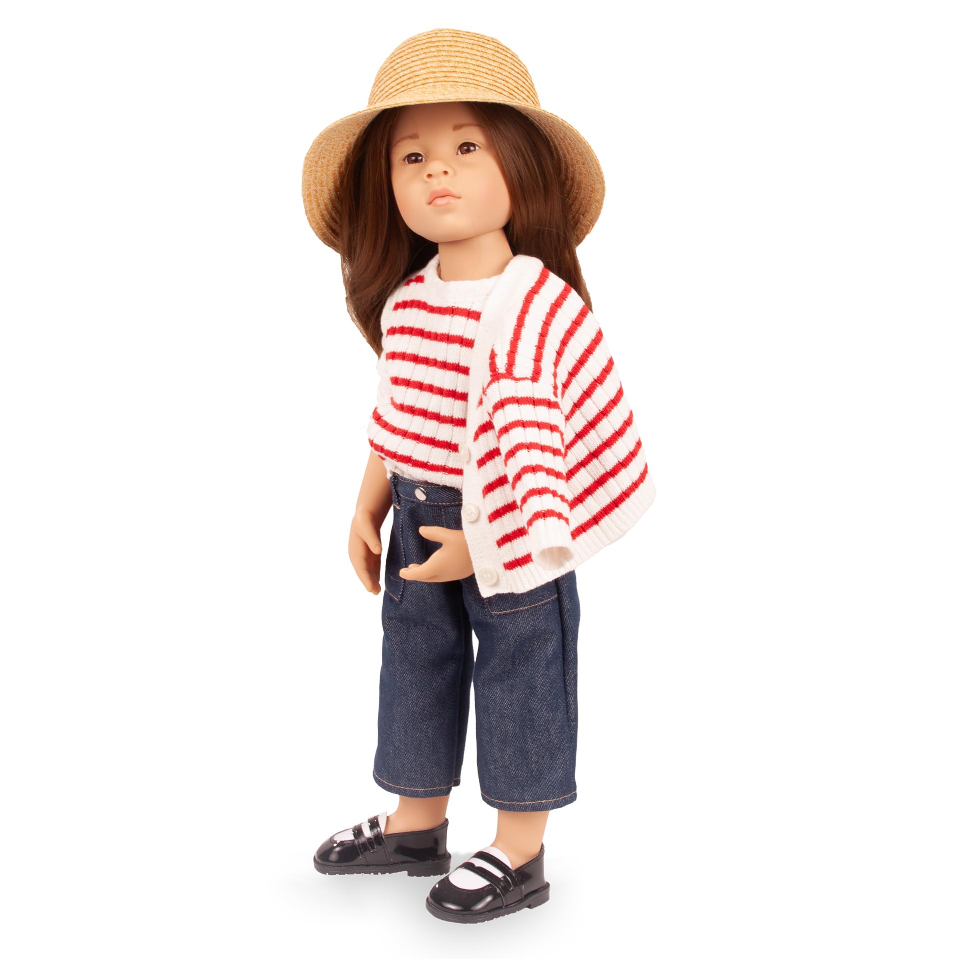 Götz 2666712 Happy Kidz Emilia Puppe 50 cm Multigelenk-Stehpuppe | 8-tlg, für Kinder ab 3 Jahren, braune Haare, braune Augen, 9 Gelenke, posierbar, frisierbar, Vinylhartkörper