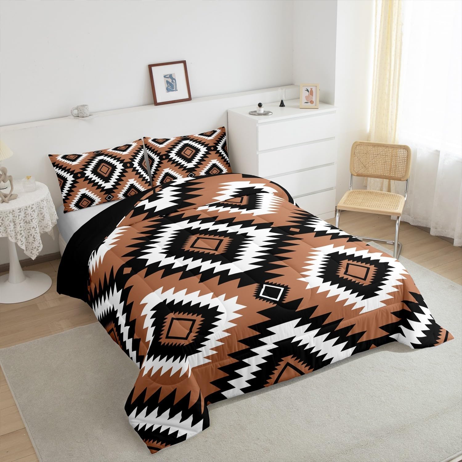 Feelyou Bohemian Bedding Set King Size Western Aztec Comforter Set for Adult Kids Boys Girls Boho Style Duvet Set Rhomboid Geometric Quilt Set 3Pcs