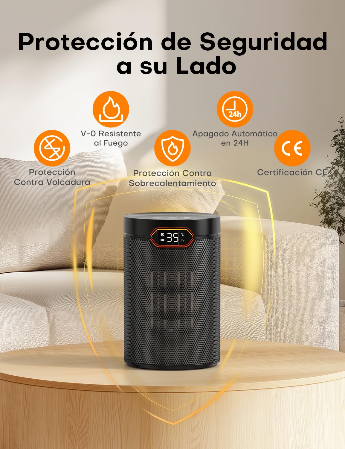 QEXREED Calefactor Bajo Consumo, 1500W, PTC, Modo ECO & Brisa, 4 Modos de Calor, Temporizador 24H, Termostato, Control Remoto, Protección Contra Sobrecalentamiento y Vuelcos, Hogar, Oficina