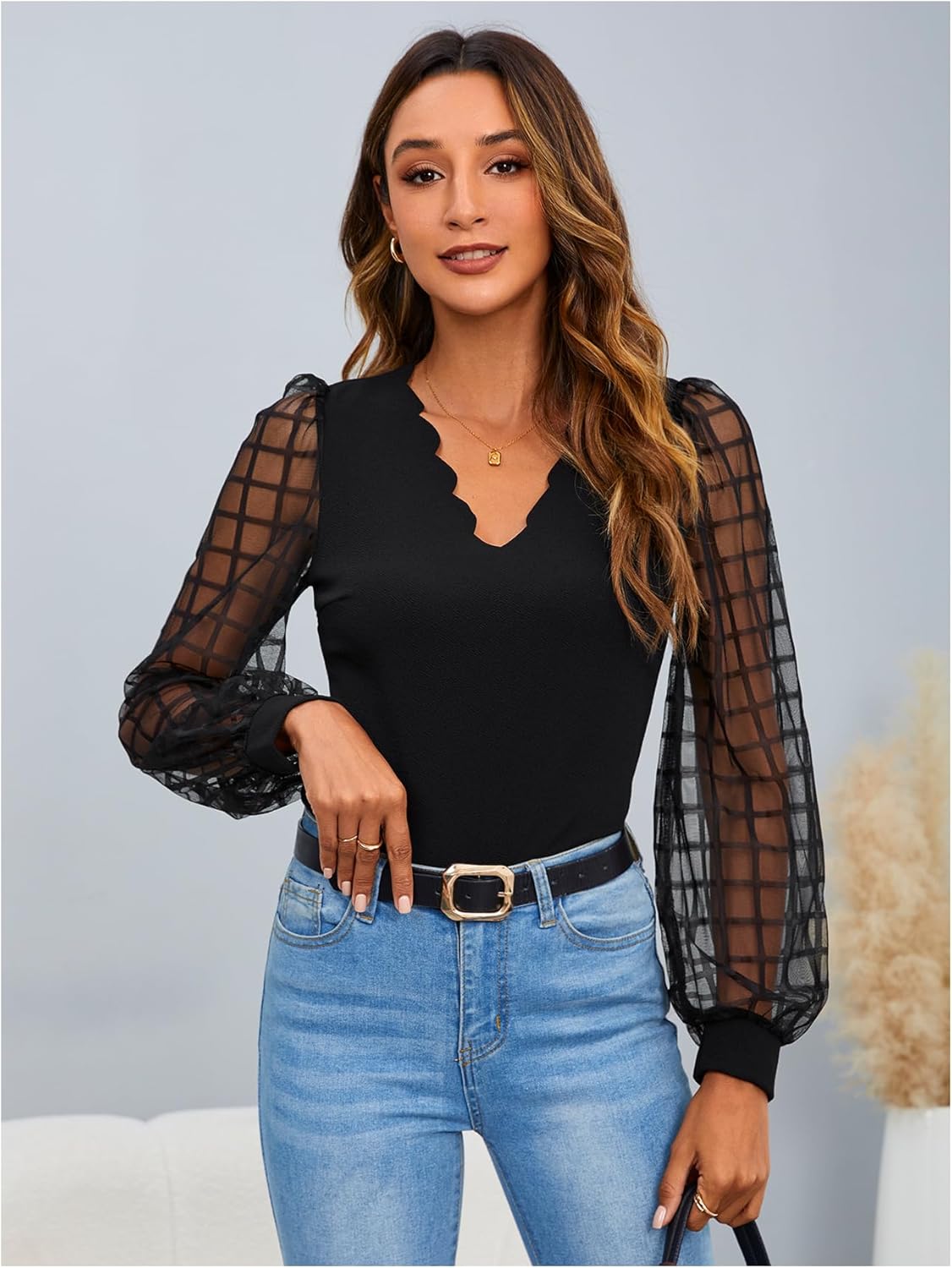 MakeMeChic Women's Sheer Mesh Puff Long Sleeve Shirts Going Out Tops Dressy Casual Work Blouse - Image 4
