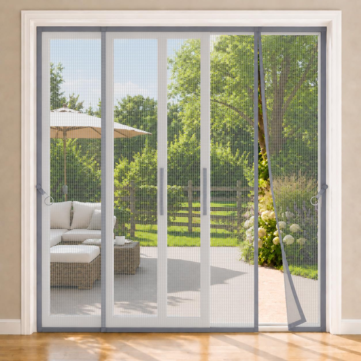 French Door Fly Screen Grey 280x210cm Reinforced Fibreglass Door Curtain with Fine Mesh and Full Frame Attachment Designed for Airflow Without Open Gaps for Back Garden Doors Balcony Entrance