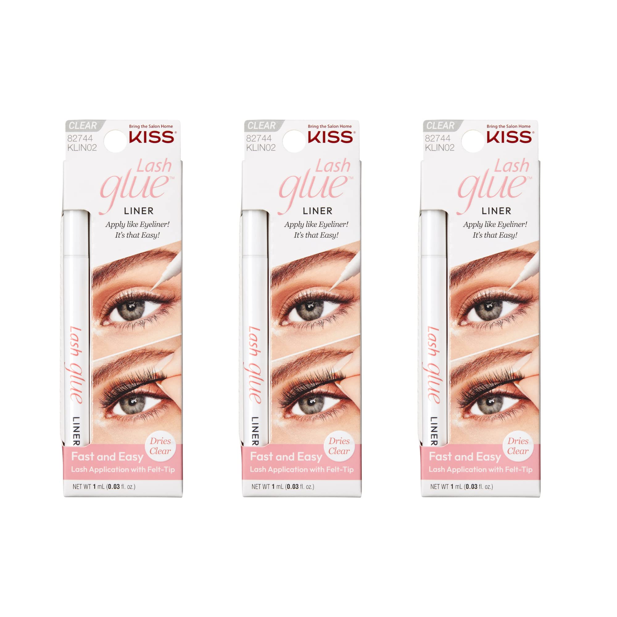 KISS Lash Glue, Eyeliner Lash Glue, 2-in-1 Felt-Tip Eyeliner and Lash Adhesive, Easy Touch Up, 0,02 Fl Oz Each, 3-Pack