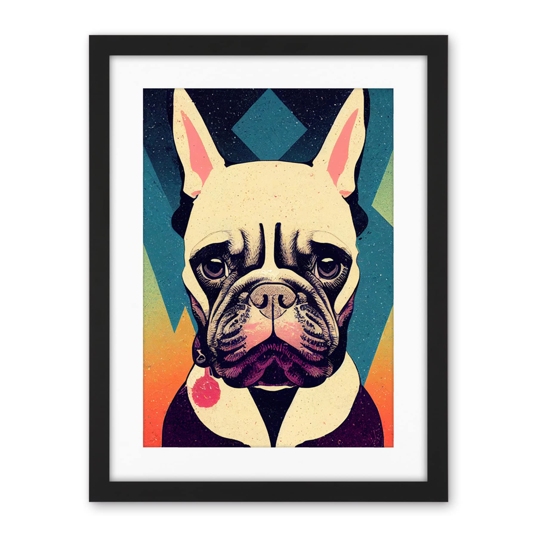 Wee Blue Coo French Bulldog Portrait Geometric Pastel Modern Illustration Artwork Framed Wall Art Print 18X24 Inch