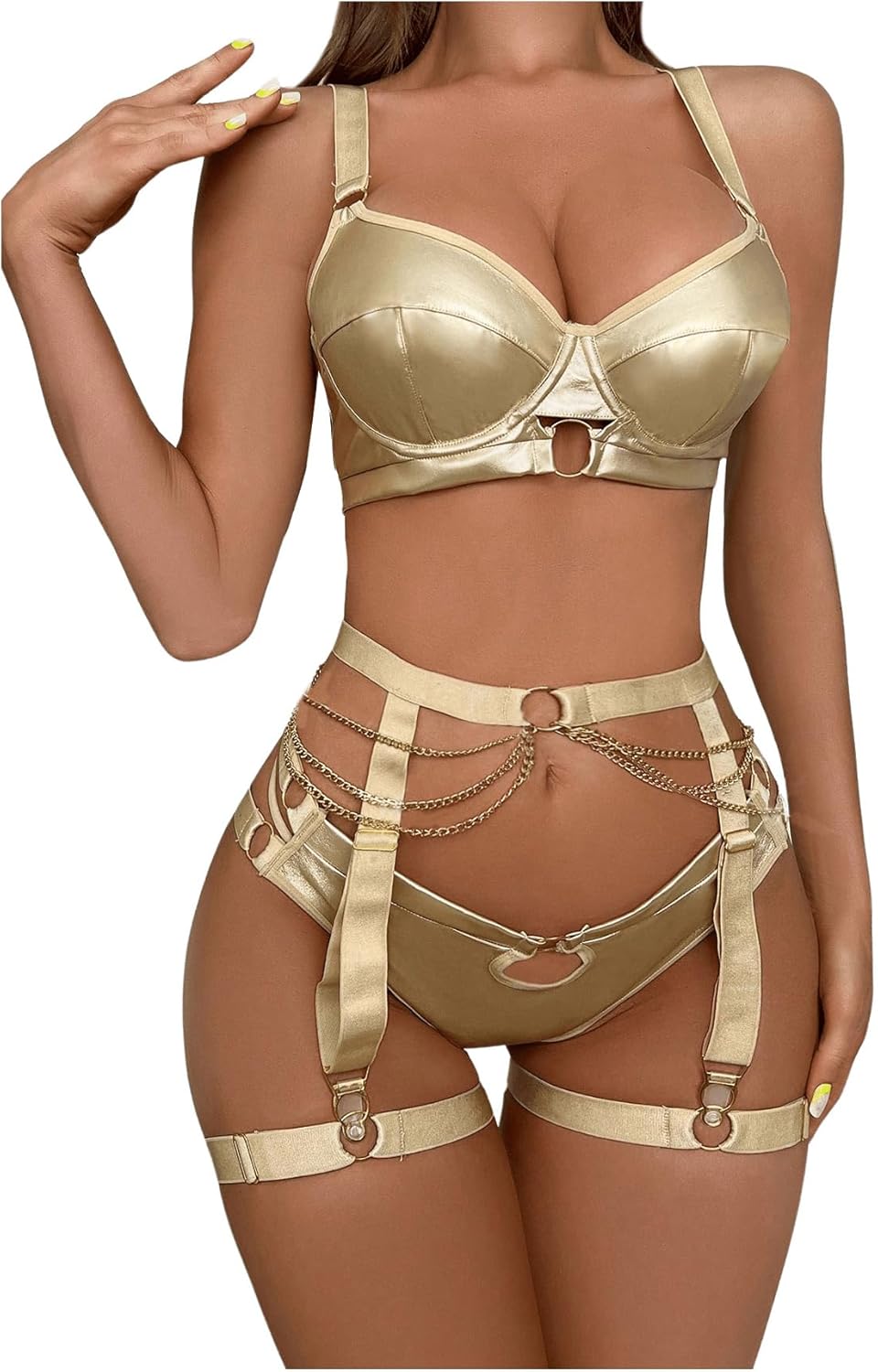 SOLY HUX Women's 3 Piece Lingerie Sets Metallic PU Leather Underwire Garter Belts Lingerie Bra and Panty Set