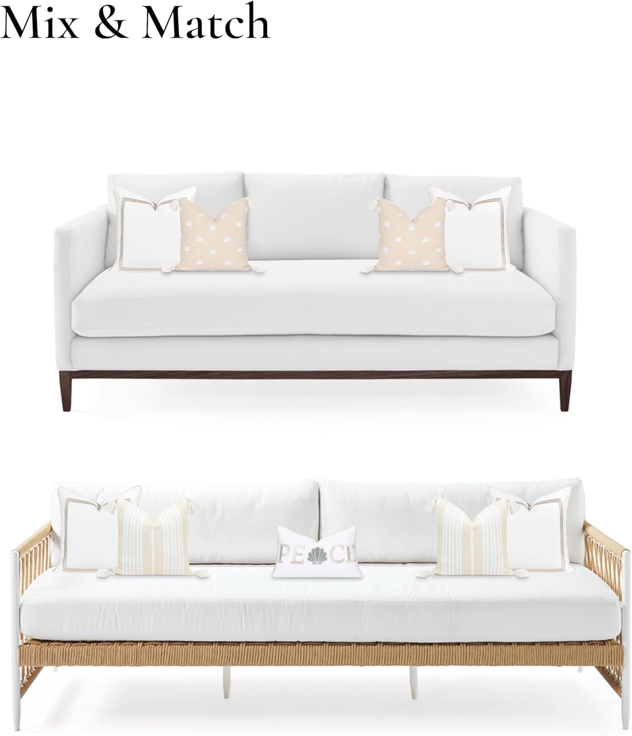 Hofdeco Premium Fall Coastal Patio Indoor Outdoor Pillow Cover Only, 20"x20" Water Repellent for Backyard, Couch, Neutral Tan Embroidered Square Line - Image 4