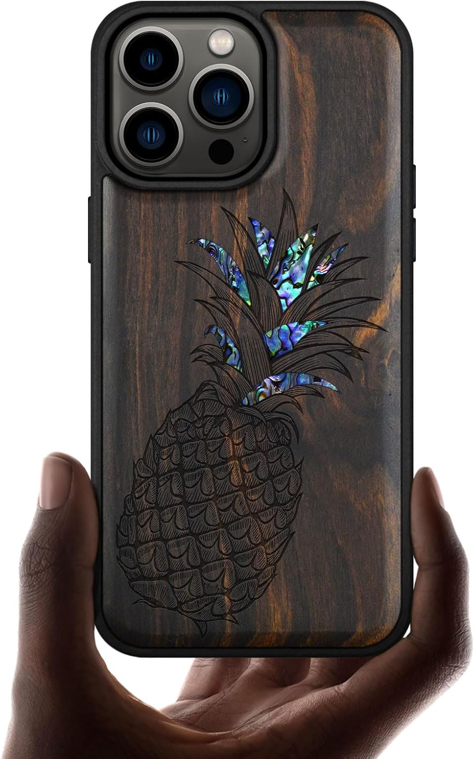 Carveit Designer Wooden Protective Magnetic Case for iPhone 14 Pro Max Case [Wood Engraving & Shell Inlay] Compatible with 14 Pro Max MagSafe (Pineapple-Rosy)
