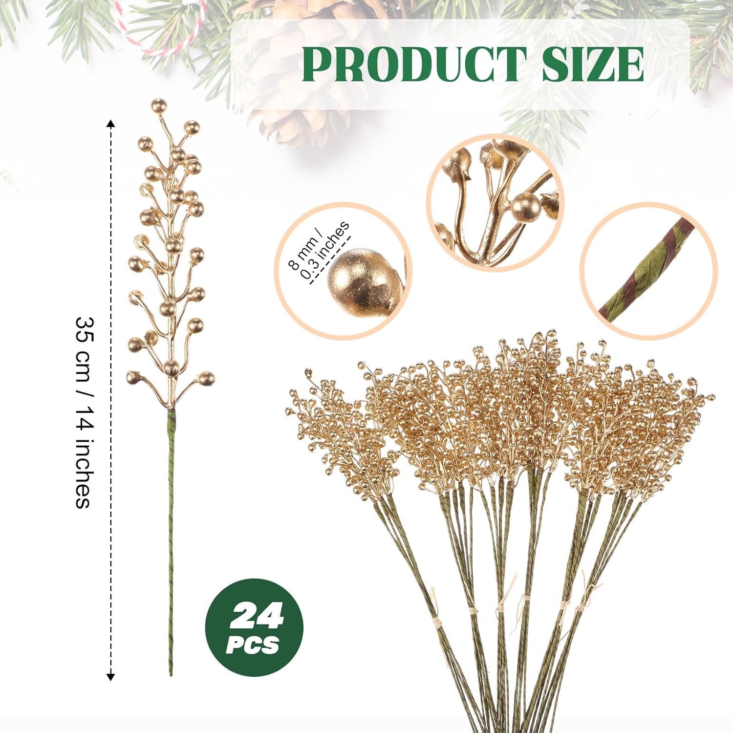 24 Pack Christmas Berry Stems 14 Inch Artificial Berry Picks Xmas Holly Berry Stem Branches for Christmas Tree Ornament Wreath Vase Floral Home DIY Crafts Holiday Decorations (Gold)