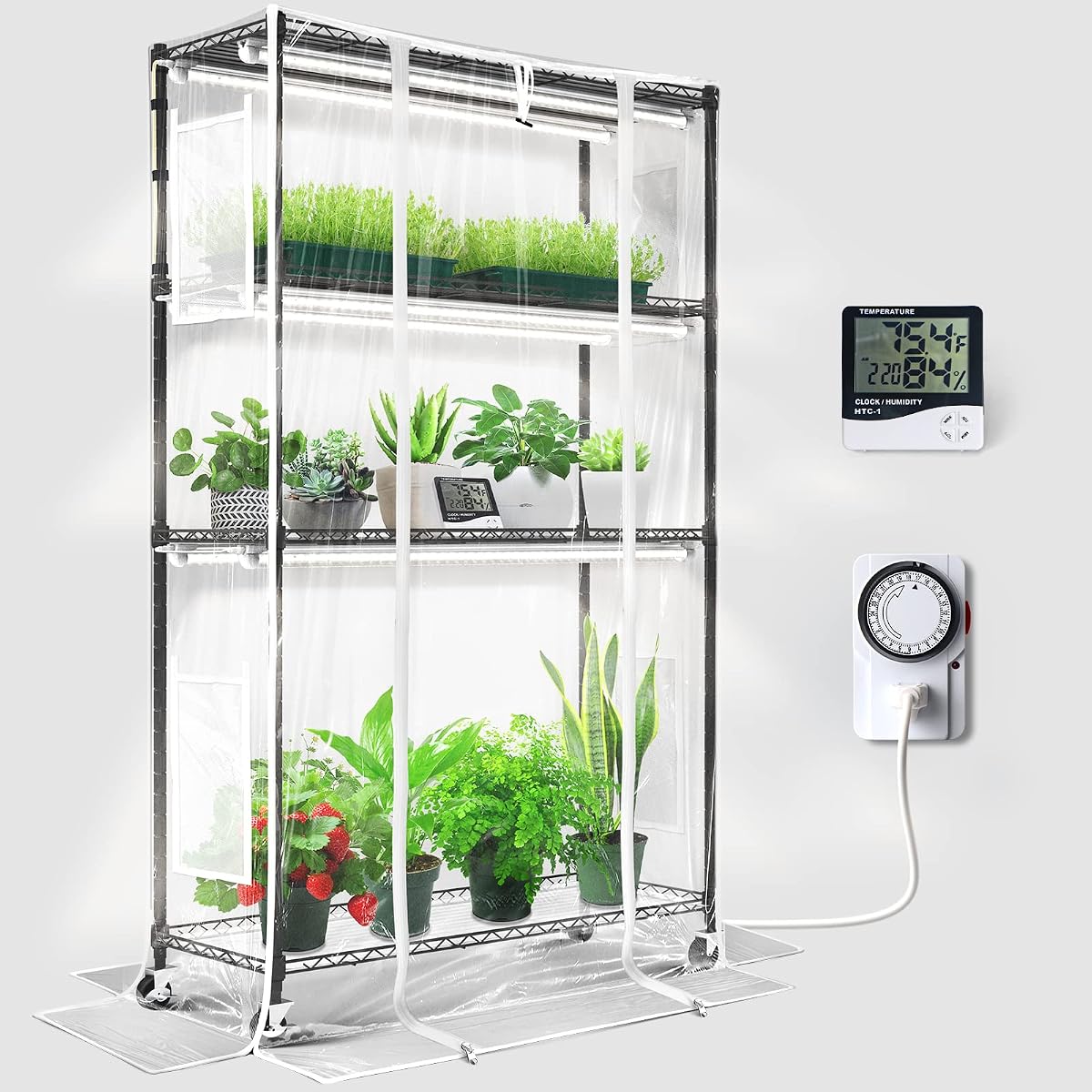Barrina CX5Z Indoor Greenhouse with Grow Light, 180W, 4-Tier 35.4x13.8x59IN | Full Spectrum T8 Plant Lights, Portable Metal Plant Stand Tent, Timer, Thermometer for Seed Starting