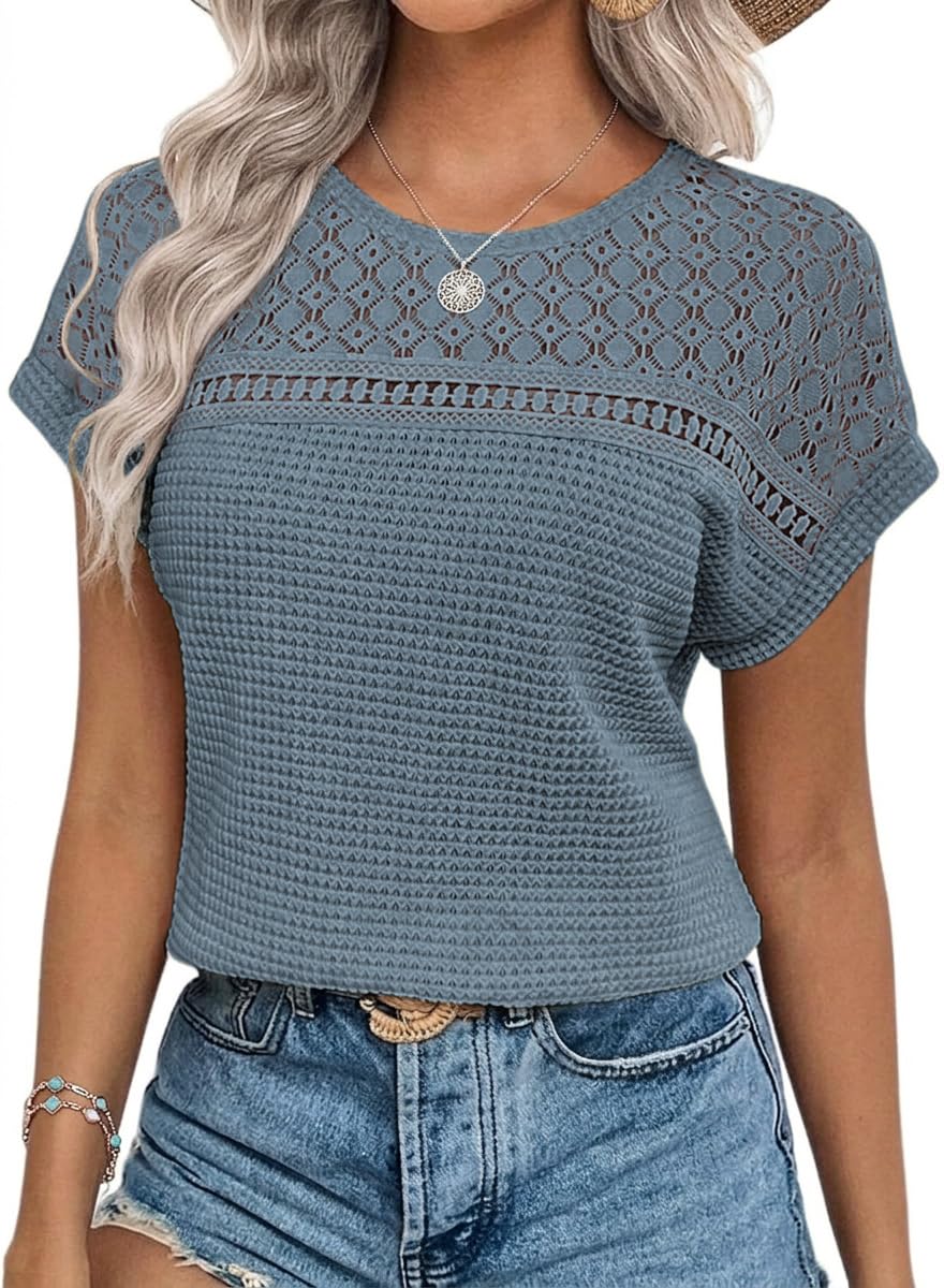 Chicrise Bluse Damen Elegant Kurzarm Spitzen Oberteile Häkel Rundhals Tshirt Sommer Blau Groß 42-44