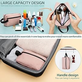 Travel Toiletry Bag for Women and Men, Water-resistant Shaving Bag for Toiletries Accessories, Foldable Storage Bags with Divider and Handle for Cosmetics Toiletries Brushes Tools (Pink)