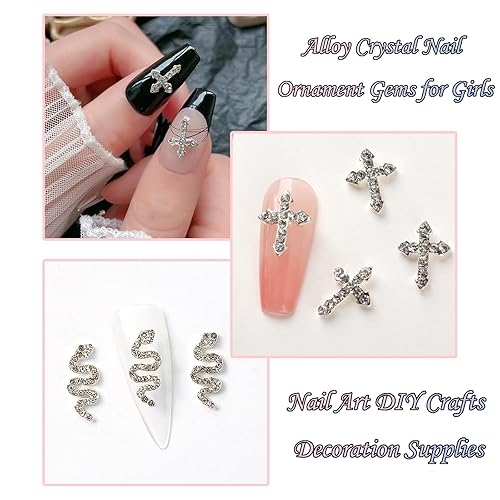 Miniatura 3 de RODAKY Dijes de uñas de serpiente de aleación 3D, 10 piezas de joyería de uñas de cruz plateada, diamantes de imitación, gemas de uñas para mujeres,