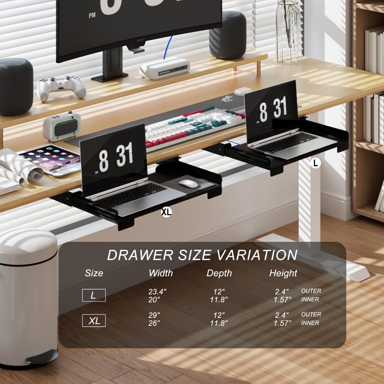 26 Inch Under Desk Mounted Sliding Loptop Drawer, Desktop Extension Pull-Out Laptop Tray for Office Desk, Extra Storage Organizer for Sit Stand Workstation