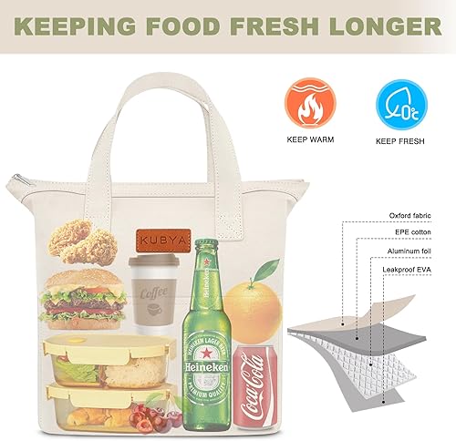 Miniatura 5 de KUBYA Lonchera para mujeres, hombres, adultos, simple, reutilizable, aislada, de gran capacidad, lindas bolsas de almacenamiento de alimentos para