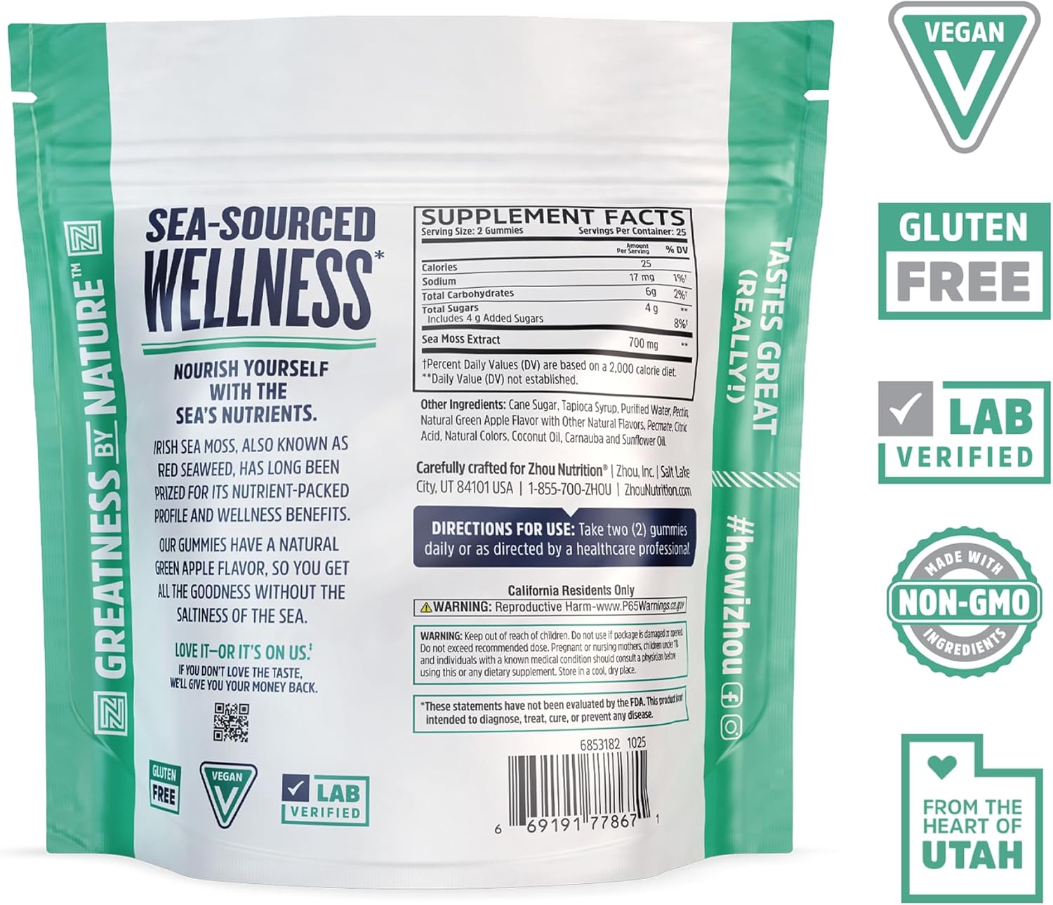 ZHOU Irish Sea Moss Gummies for Women & Men - 700 mg Sea Moss Extract, Daily Whole Body Wellness Support, Vegan, Gluten Free, Natural Green Apple Flavor - 50 Count