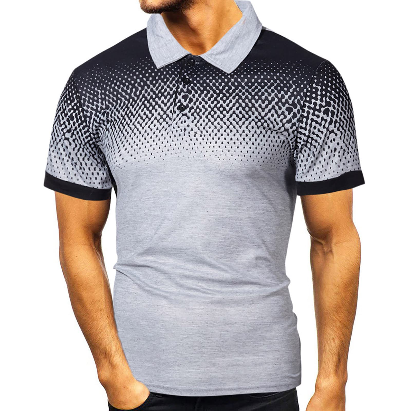 Short Sleeve Athletic Shirts for Men Classic Pattern Graphic Polo Shirt Button Up Stretch Casual Golf Tee Tops