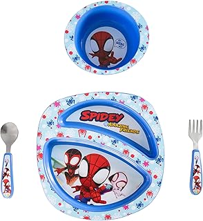The First Years Spidey and His Amazing Friends Toddler Dinnerware Set - Toddler Plates and Toddler Utensils - Dishwasher Safe Toddler Feeding Supplies and Kids Utensils - 4 Count