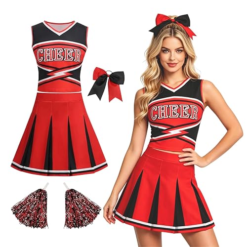 HAPNBCELE Womens Cheerleader Costume, Sleeveless Cheer Uniform with Pom Poms Cheerleading Outfit Halloween Sports Events - Red - S