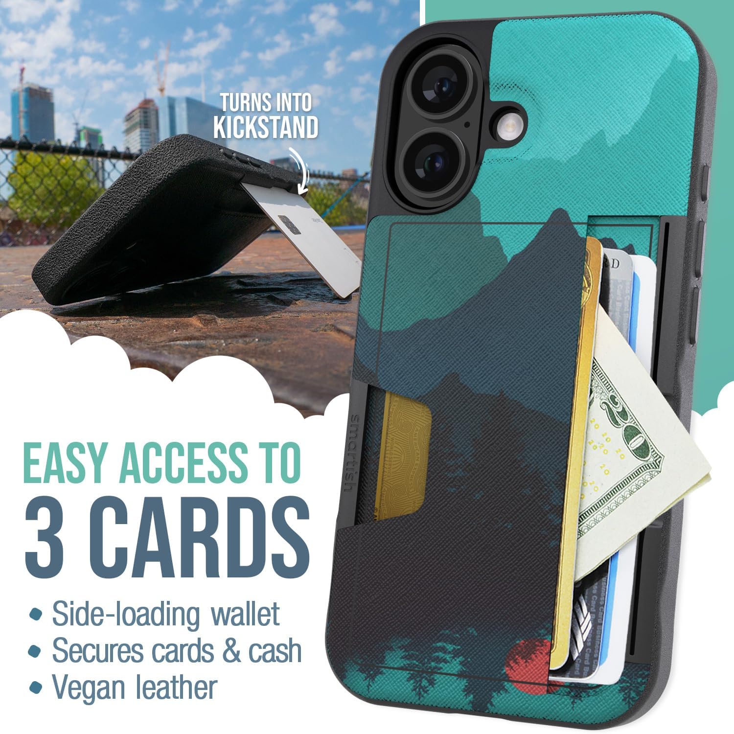 Smartish® iPhone 16 Wallet Case - Wallet Slayer Vol. 2 [Slim + Protective] Credit Card Holder w/Kickstand - Drop Tested Hidden Card Slot Cover Compatible w/Apple iPhone 16 - Moving Mountains